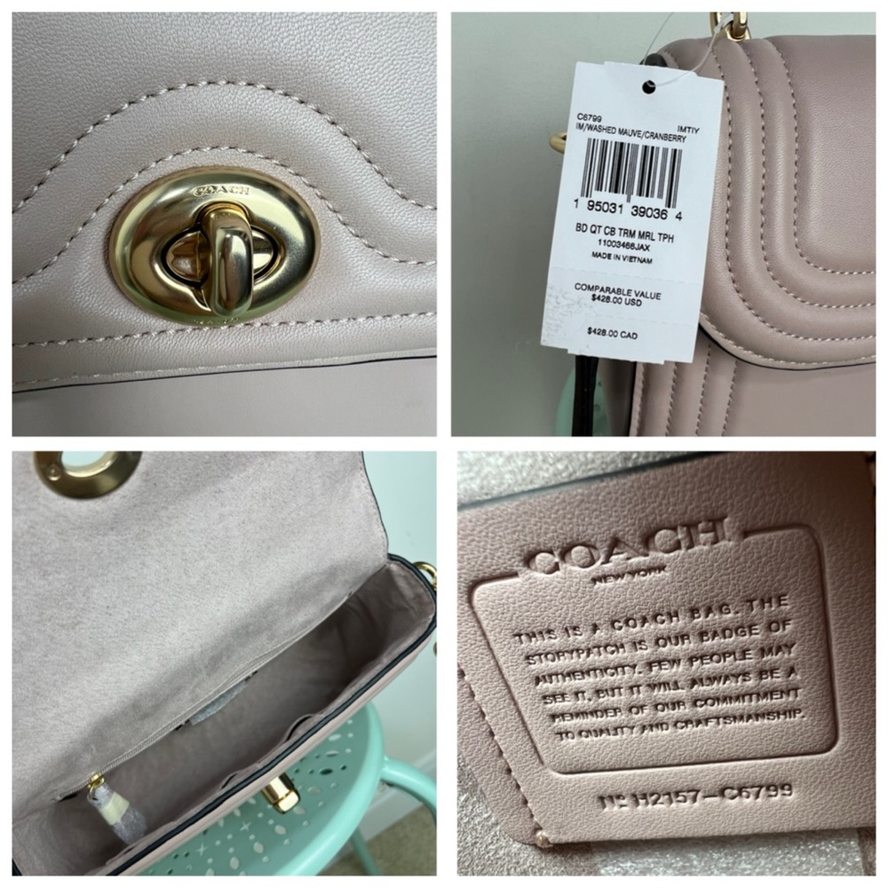 Coach Marlie Top Handle Satchel In Colorblock w/ Border Quilting Leather Tan New - Picture 13 of 15